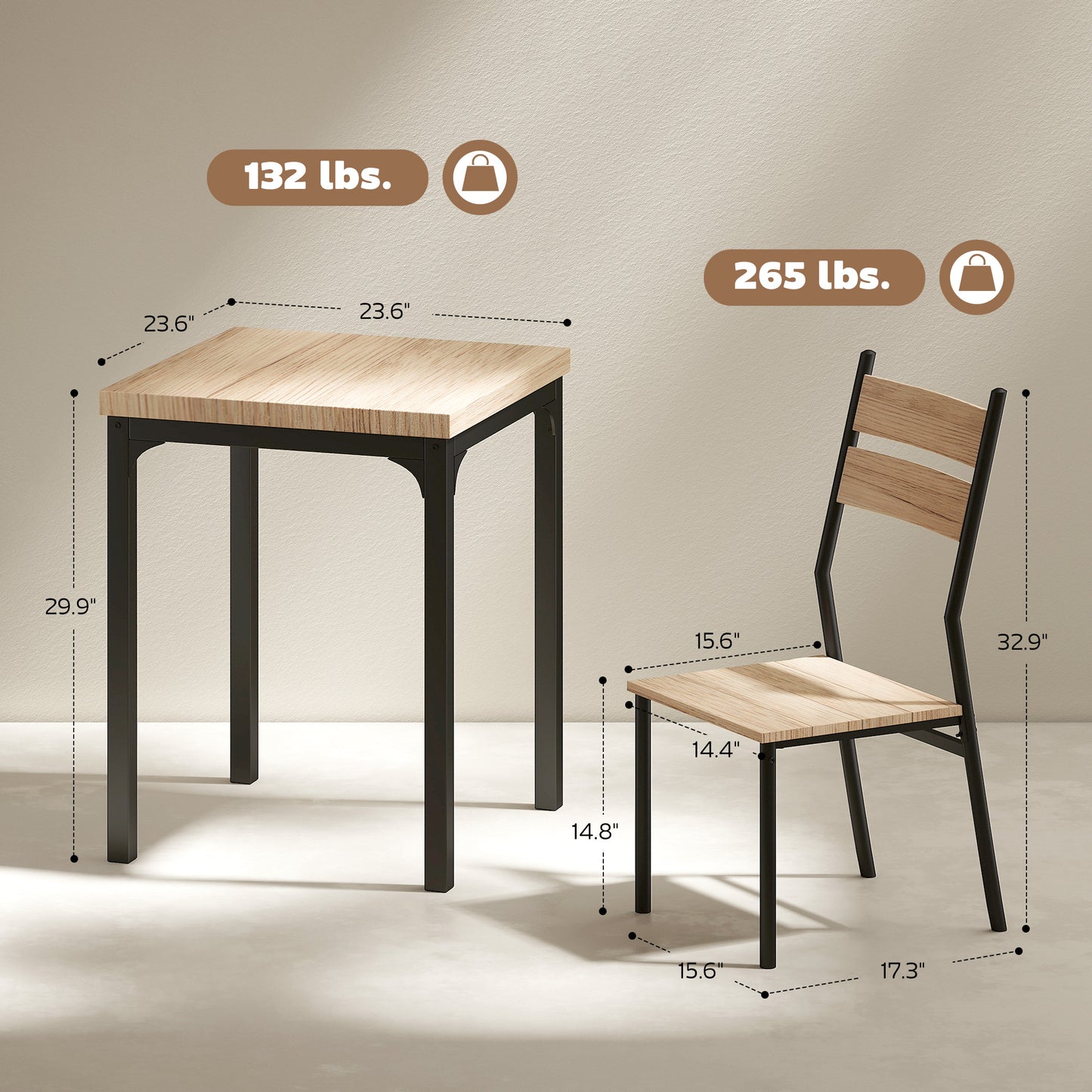 3 Piece Dining Table Set for 2, Modern Kitchen Table and Chairs, Dining Room Set for Breakfast Nook, Light Wood Grain
