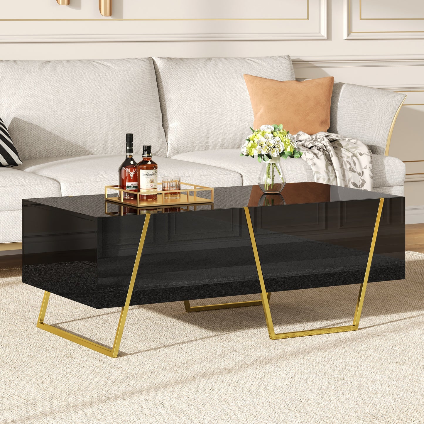 Modern Rectangular High Gloss Coffee Table For Living Room With Storage And Gold Base, 4 Drawers, Black, 47.2
