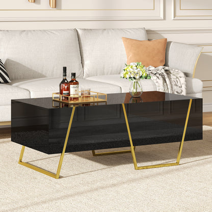 Modern Rectangular High Gloss Coffee Table For Living Room With Storage And Gold Base, 4 Drawers, Black, 47.2