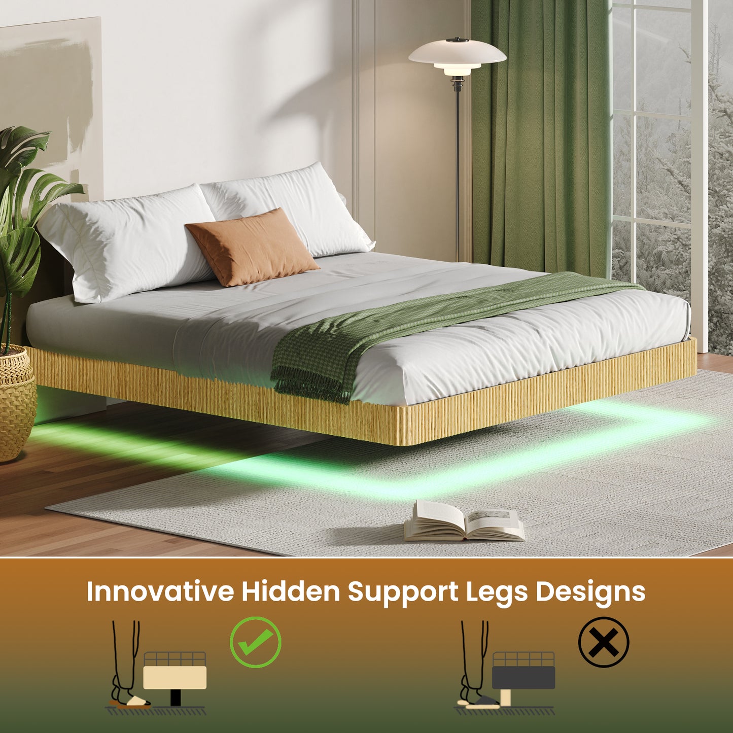 Oak King Floating Bed Frame With LED Lights, Wave Curve Wood Texture Bed With Heavy Duty Metal Slats - No Box Spring Needed.