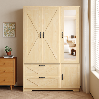 4 Doors Wardrobe Closet With Mirror, LED Wardrobe With Doors And 2 Drawers, Wooden Wardrobe Storage Cabinet With Hanging Rod, Adjustable Shelves, Natural