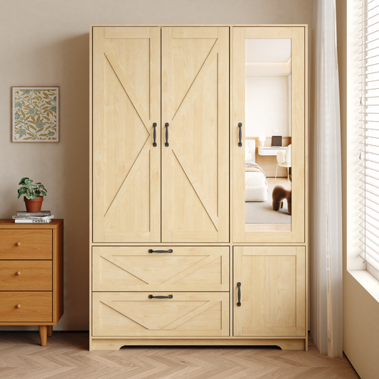 4 Doors Wardrobe Closet With Mirror, LED Wardrobe With Doors And 2 Drawers, Wooden Wardrobe Storage Cabinet With Hanging Rod, Adjustable Shelves, Natural