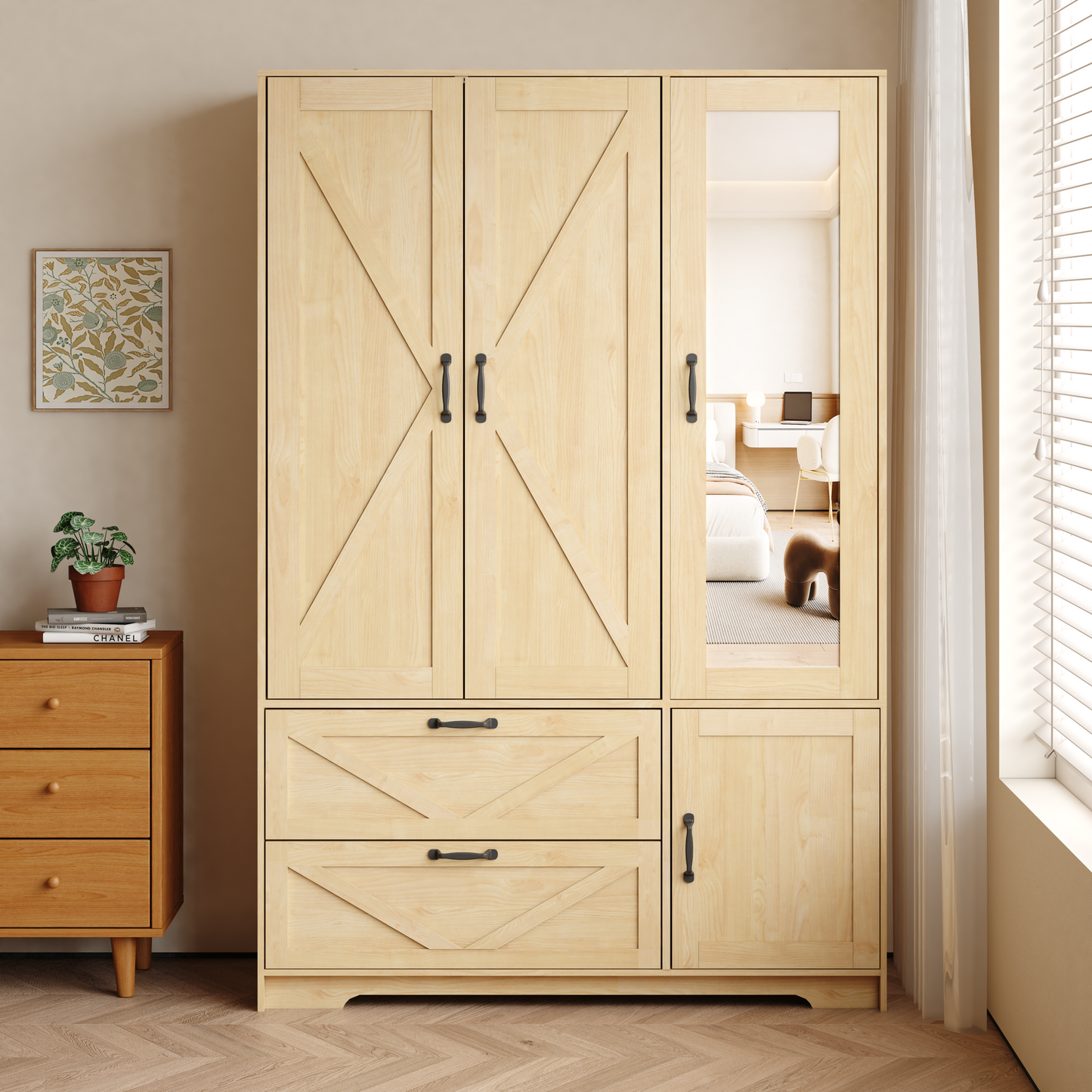 4 Doors Wardrobe Closet With Mirror, LED Wardrobe With Doors And 2 Drawers, Wooden Wardrobe Storage Cabinet With Hanging Rod, Adjustable Shelves, Natural