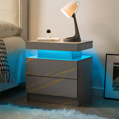 Nightstand LED Bedside Table Cabinet Lights Modern End Side With 2 Drawers For Bedroom Grey Gold