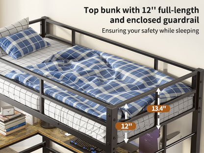 Twin Metal Loft Bed With L-Shaped Desk, Charging Station Loft Bed Frame Twin Size, Safety Guard & Ladder, No Box Spring Needed, Black