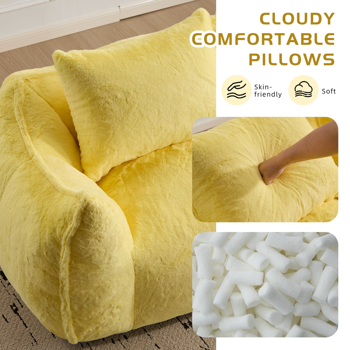 Giant Bean Bag Couch For Adults, Ultra Soft Fluffy Loveseat Bean Bag Sofa, Oversized Chase Lounge Chair Indoor For Living Room Bedroom, No Assembly Required Cozy Reading Chair With Pillows, Yellow