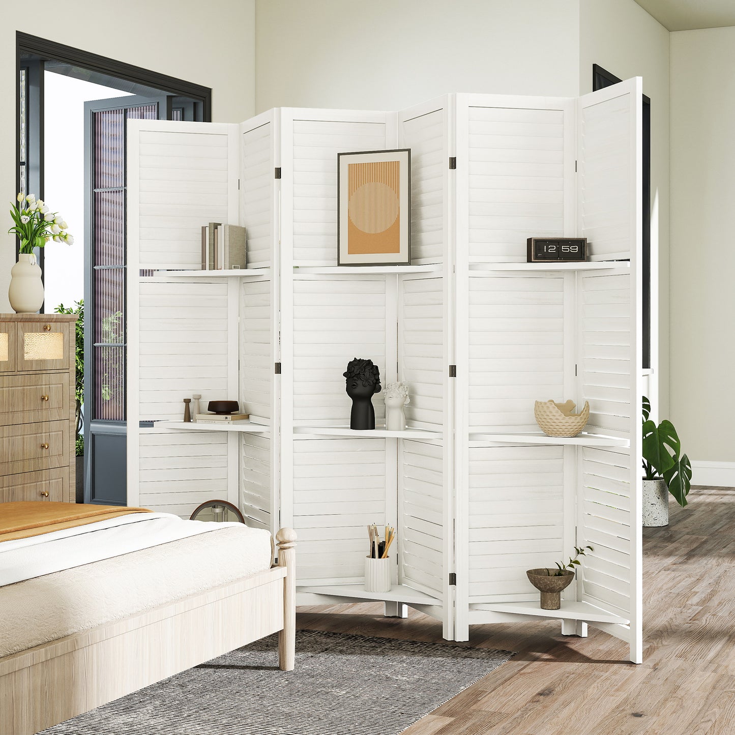 6 Panel 67" Tall Wood Privacy Screen Room Divider with 3 Shelves and Folding Storage for Bedroom, White