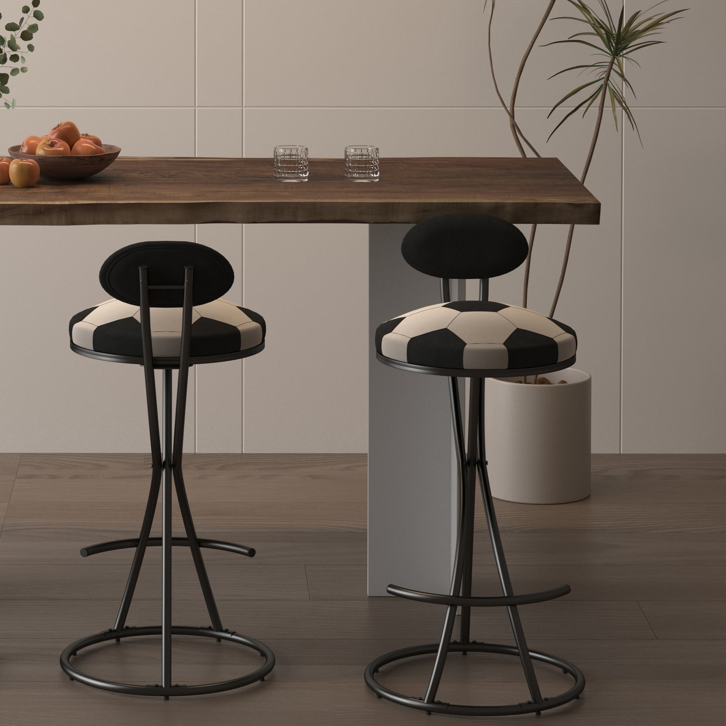 Upholstered S-shaped Barstools Set Of 2 Velvet Counter Bar Stools Football Print Round Dining Stool For Kitchen & Living Room Black Frame  Black Back