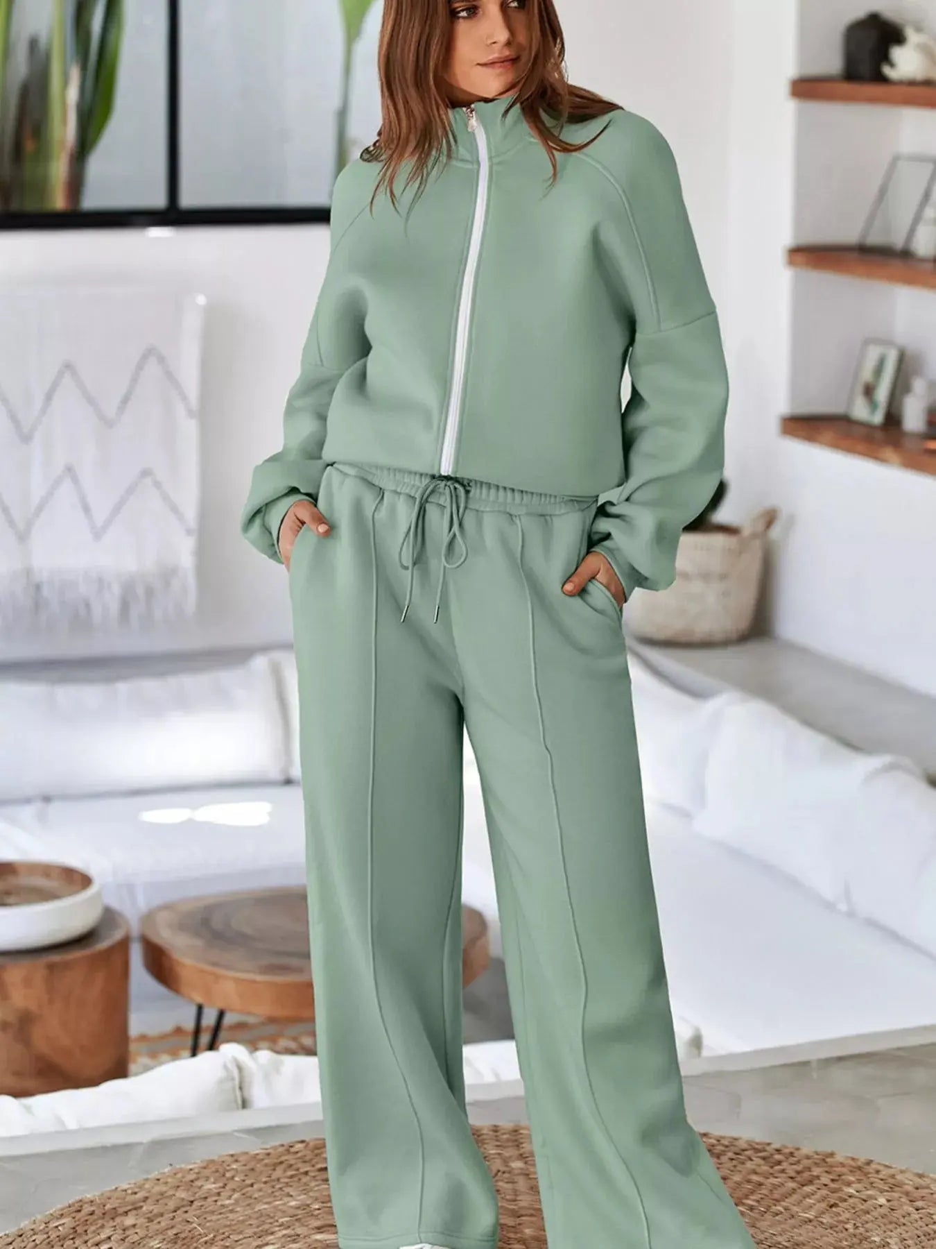 Drop Shoulder Zip Up Jacket and Drawstring Pants Active 2pcs Set