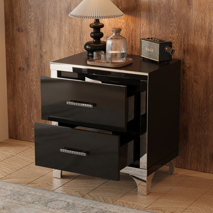 Elegant High Gloss Nightstand With Metal Handle,Mirrored Bedside Table With 2 Drawers For Bedroom,Living Room,Black