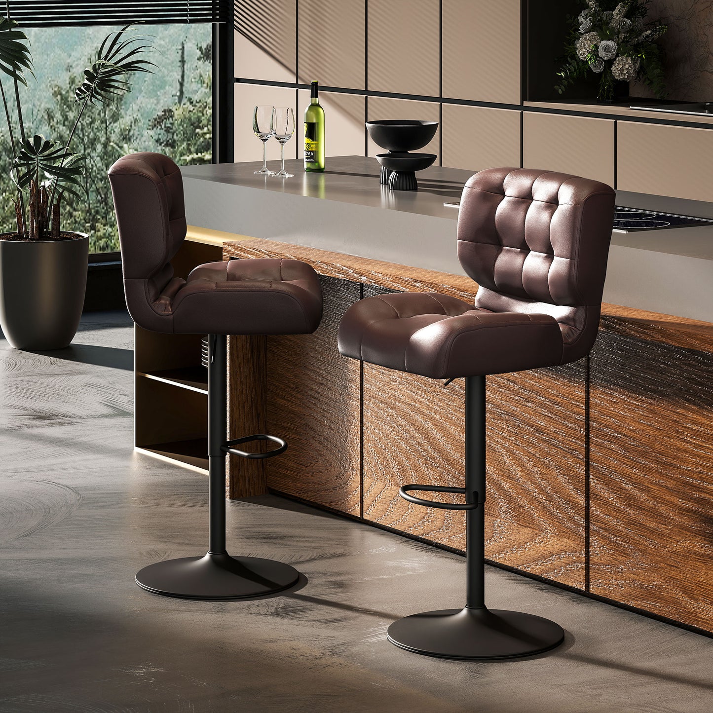 Bar Height Bar Stools Set of 2 with Adjustable Seat, Adjustable Swivel Barstools with Thick Padded Cushion and Metal Footrest for Home Bar, Brown