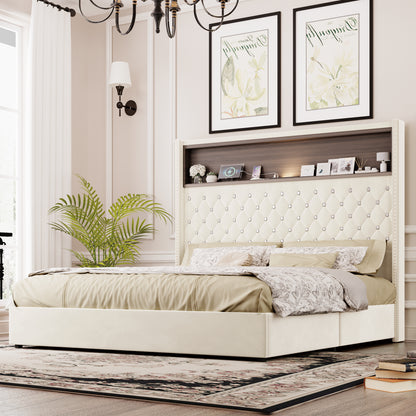 Queen Size Velvet Tufted Soft Bed Frame With USB Port And Night Light,52'' High Headboard With Rivet Decoration, Wing-back Platform Bed With Headboard Shelf, Beige
