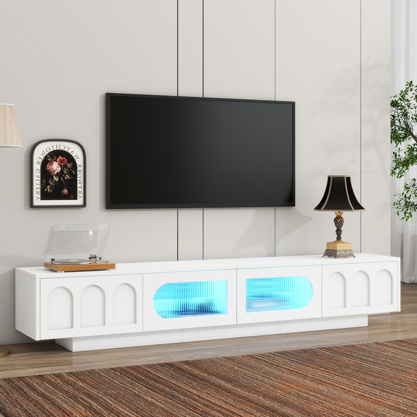 ON-TREND TV Stand With Fluted Tempered Glass Doors For TVs Up To 95'', Functional Media Console With Arched Cabinet Doors, Entertainment Center With APP-Controlled LED Light For Living Room, White