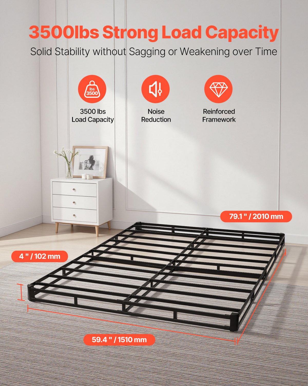 Box Spring, Queen Size Bed Frame With Washable Fabric Cloth, Heavy Duty Metal Frame For Queen Bed, 4 In Mattress Foundation, 3500 Lbs Max Weight Capacity, Easy Assembly, 79.1 L X 59.4 W X 4 H In