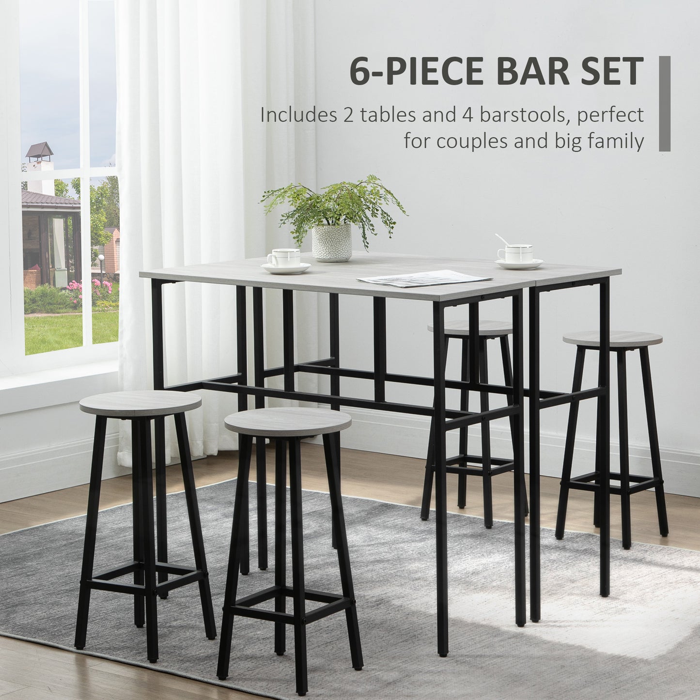 6-Piece Bar Table Set, 2 Breakfast Tables With 4 Stools, Counter Height Dining Tables & Chairs For Kitchen, Living Room, Grey
