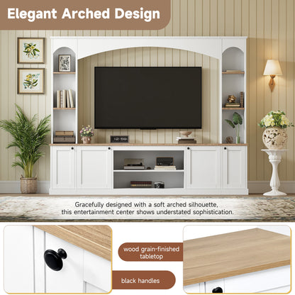 Elegant Arched Entertainment Center Wall Unit With Bookshelf, Farmhouse Large TV Stand With Wood Grain For TVs Up To 70, 91inch Stylish Media Console With Adjustable Shelves For Living Room, White
