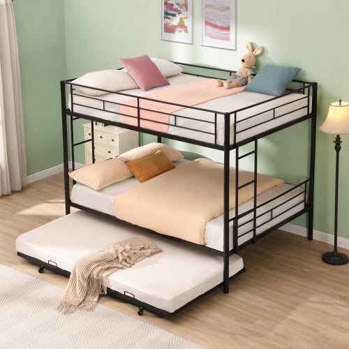 Full Over Full With Trundle Metal Bunk Bed , No Box Spring Needed, Easy Assemble