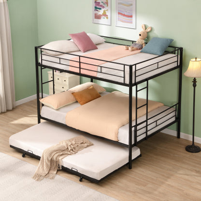 Full Over Full With Trundle Metal Bunk Bed , No Box Spring Needed, Easy Assemble