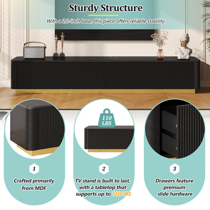 ON-TREND Luxury Fluted TV Stand For TVs Up To 85, Faux Marble Tabletop Media Console With 4 Drawers, Curved Profile Design, Modern Entertainment Center With Gold Base For Living Room, Black