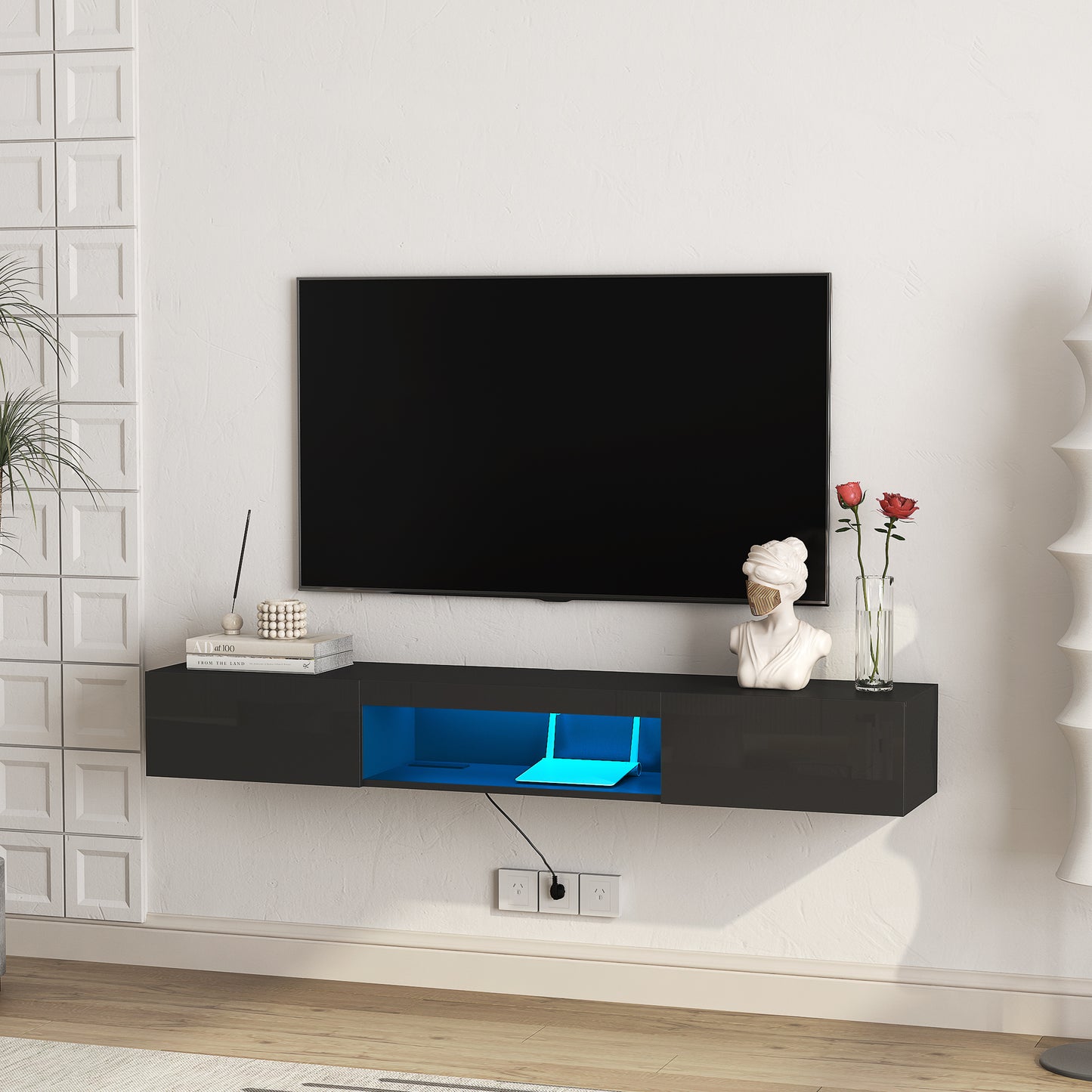 Floating TV Stand Wall Mounted With 16 Color LEDs Modern TV Stand, Floating TV Cabinet Entertainment Center For 55 60 65 Inch TV,Black