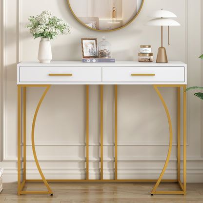 Console Table, Hallway Table With 2 Drawers, Light Luxury Style Side Table, Sofa Table, 110x32x85 Cm, White Gold