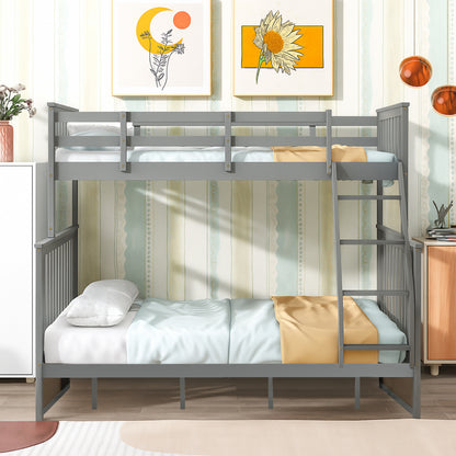Twin Over Full Bunk Bed , Wooden Bunk Bed With Ladder And Safety Guard Rails - Gray
