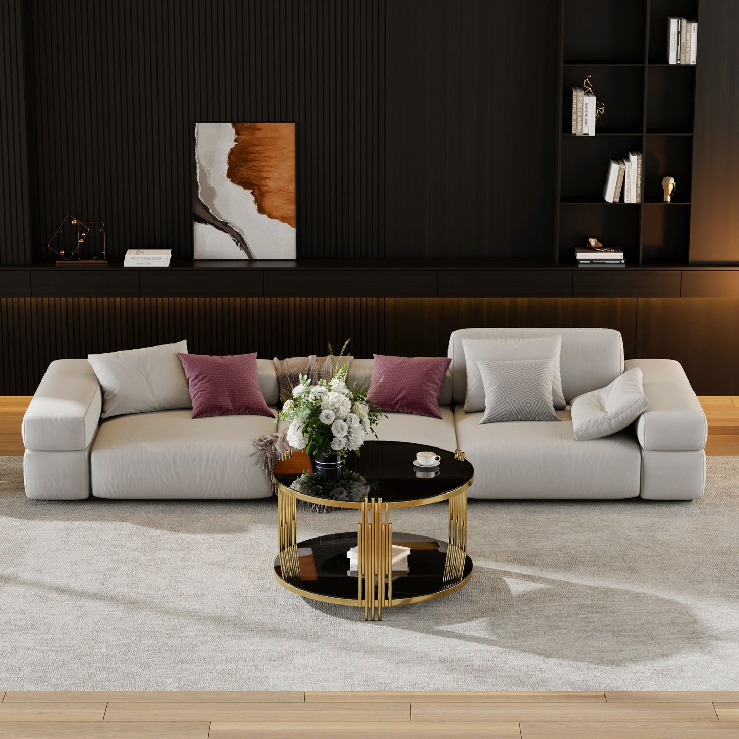 Modern Black Mirror Coffee Table, Asymmetrical Metal, Circular Metal Drum Base, Gold Finish & Lower Shelf
