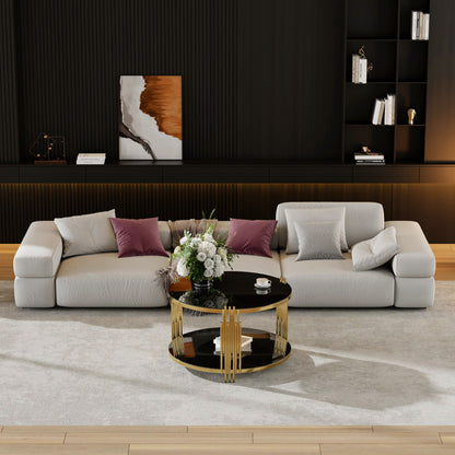 Modern Black Mirror Coffee Table, Asymmetrical Metal, Circular Metal Drum Base, Gold Finish & Lower Shelf