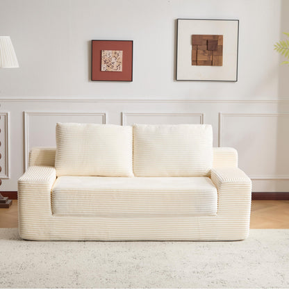 Loveseat Sofa, Comfortable Deep Seat Sofa Bed, Modern Small Corduroy Couch For Living Room Bedroom,Reversible Cushion With Pillows,No Assembly Required,White