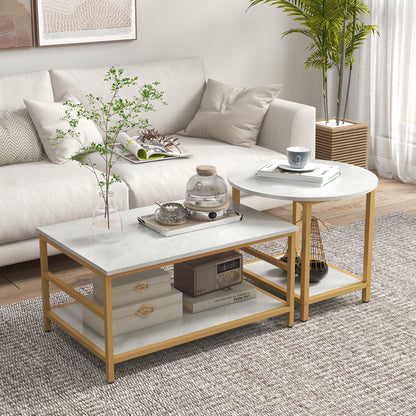 Coffee Tables Set Of 2, Rectangle And Round Coffee Table With Storage Shelves, Faux Marble Top, Living Room Table Set