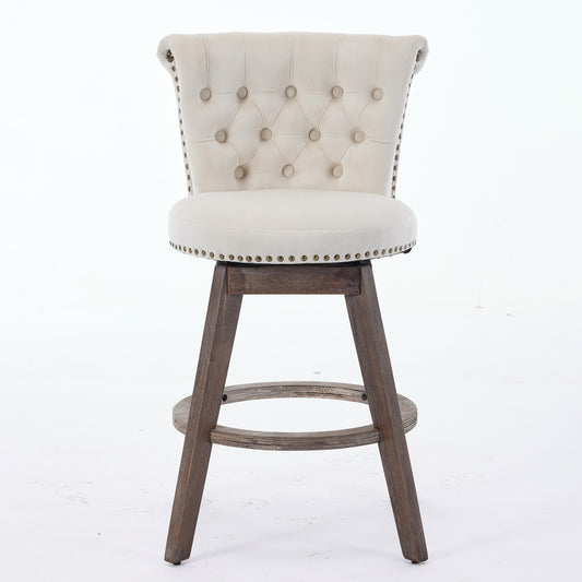 26 Counter Height Bar Stools Set Of 2, 360 Swivel Stools With Back  Hand - Tufted Button - Trimmed Edges, Upholstered Velvet Kitchen Counter Stools On Wood Legs,Beige,SW1868BG