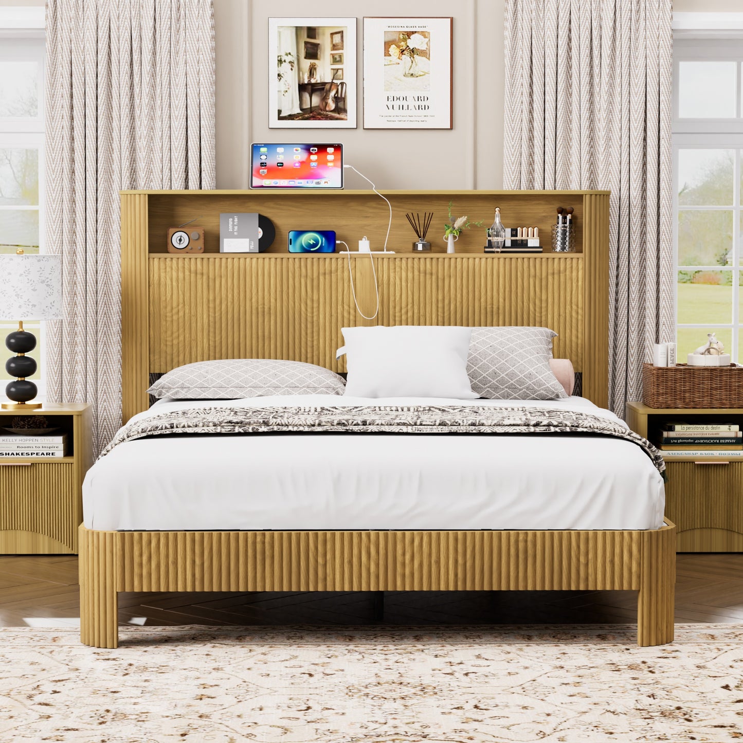 Queen Size Bed Frame With Storage Headboard, Built-in Charging Station, Wavy Curved Lines Design, Silent Operation, Metal Support, Natural