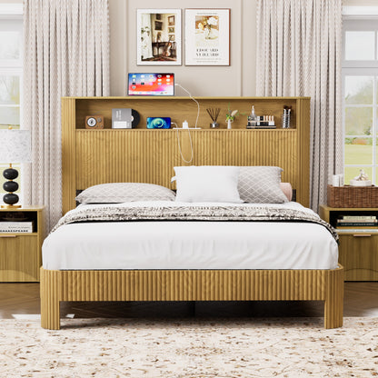 Queen Size Bed Frame With Storage Headboard, Built-in Charging Station, Wavy Curved Lines Design, Silent Operation, Metal Support, Natural