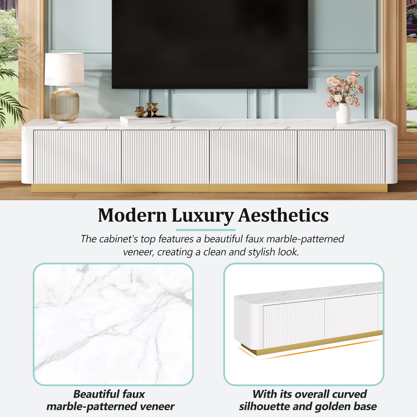 ON-TREND Luxury Fluted TV Stand For TVs Up To 85, Faux Marble Tabletop Media Console With 4 Drawers, Curved Profile Design, Modern Entertainment Center With Gold Base For Living Room, White