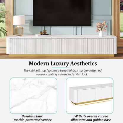 ON-TREND Luxury Fluted TV Stand For TVs Up To 85, Faux Marble Tabletop Media Console With 4 Drawers, Curved Profile Design, Modern Entertainment Center With Gold Base For Living Room, White