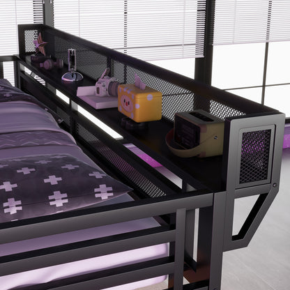Queen Loft Bed With Desk And Charging Station, Queen Size Metal Loft Bed With Stairs And Light For Kids Teens, Black