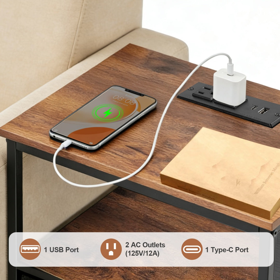 Bedside Table, With Built-in USB-C-type Port Sockets And Adjustable Drawers, 3-layer Storage Rack, And Fabric Drawers
