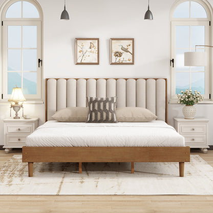 King Size Wood Bed With Piano Key Style Upholstered Headboard , Wood Bed With Strengthened Bed Frame ,Wheat