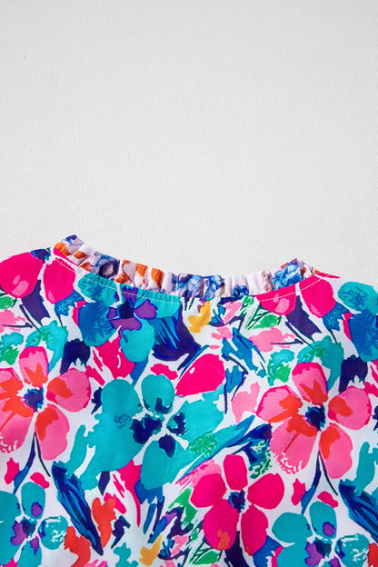Mixed Floral Print Tie Neck Short Sleeve Dress