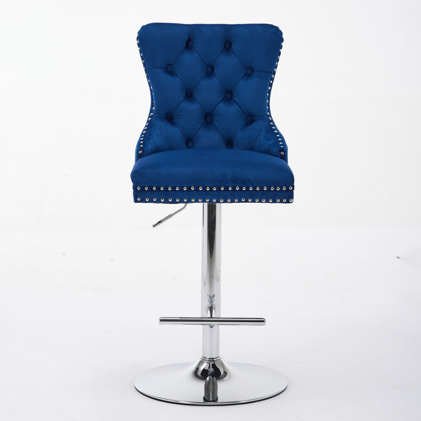 Thick Chrome Swivel Velvet Barstools,Adjustable 25-33 Height,Modern Upholstered With17.7 Base,Tufted Buttons&Diamond Pleating,Sponge&Spring Seat,for Home Pub&Kitchen Island Blue, Set Of 2