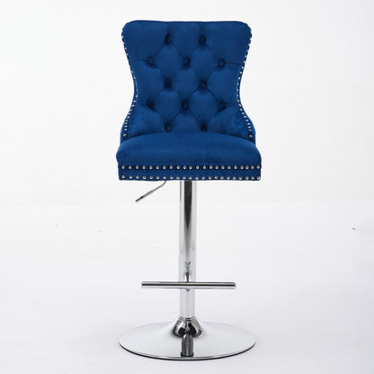 Thick Chrome Swivel Velvet Barstools,Adjustable 25-33 Height,Modern Upholstered With17.7 Base,Tufted Buttons&Diamond Pleating,Sponge&Spring Seat,for Home Pub&Kitchen Island Blue, Set Of 2