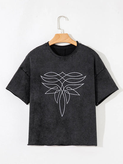 Floral Embroidered Mineral Wash Crew Neck T Shirt