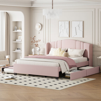 Upholstered Platform Bed With Wingback Headboard, One Twin Trundle And 2 Drawers, No Box Spring Needed, Linen Fabric, Queen Size, Pink