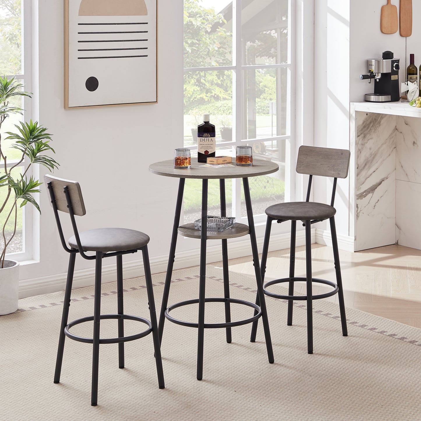 Round Bar Stool Set With Shelf, Upholstered Stool With Backrest Grey, 23.62  W X 23.62  D X 35.43  H.