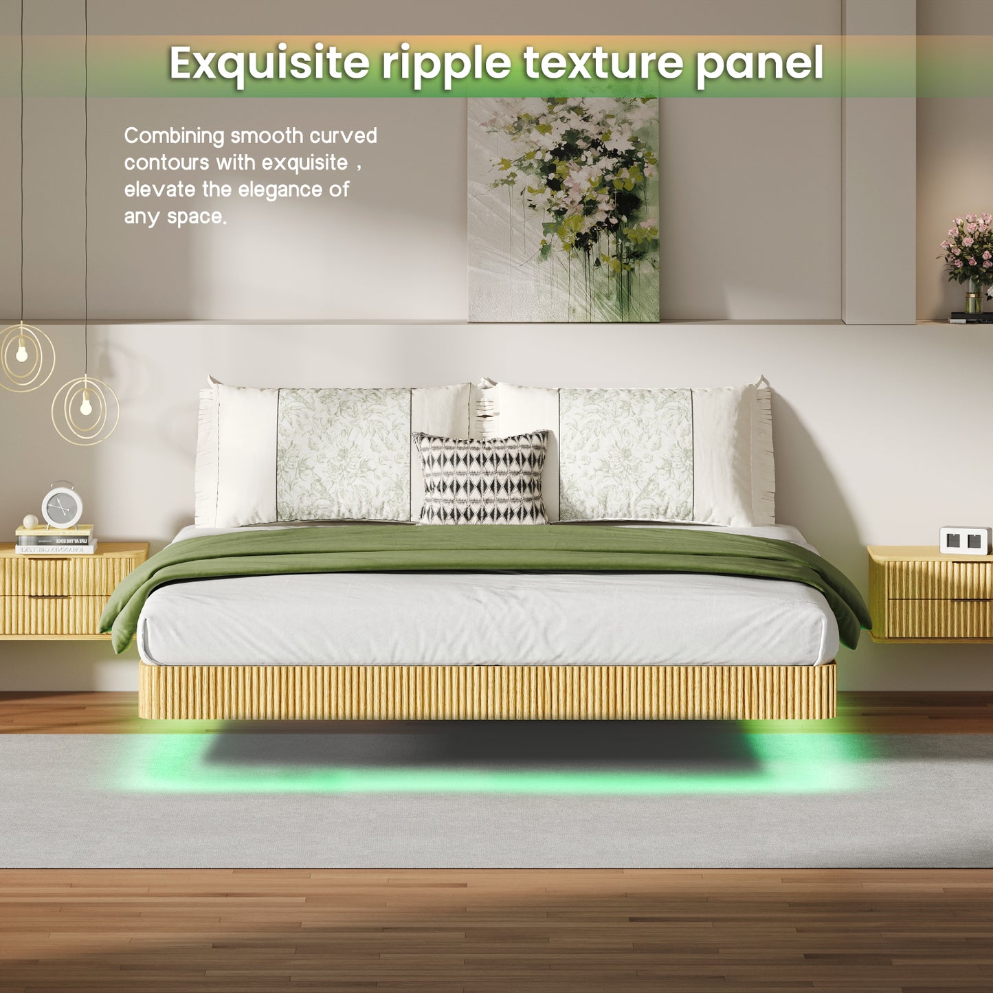 Oak King Floating Bed Frame With LED Lights, Wave Curve Wood Texture Bed With Heavy Duty Metal Slats - No Box Spring Needed.