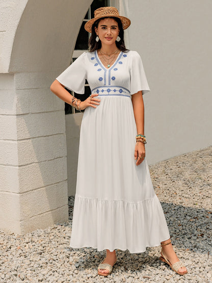 Ruffled Hem V-Neck Flutter Sleeve Dress