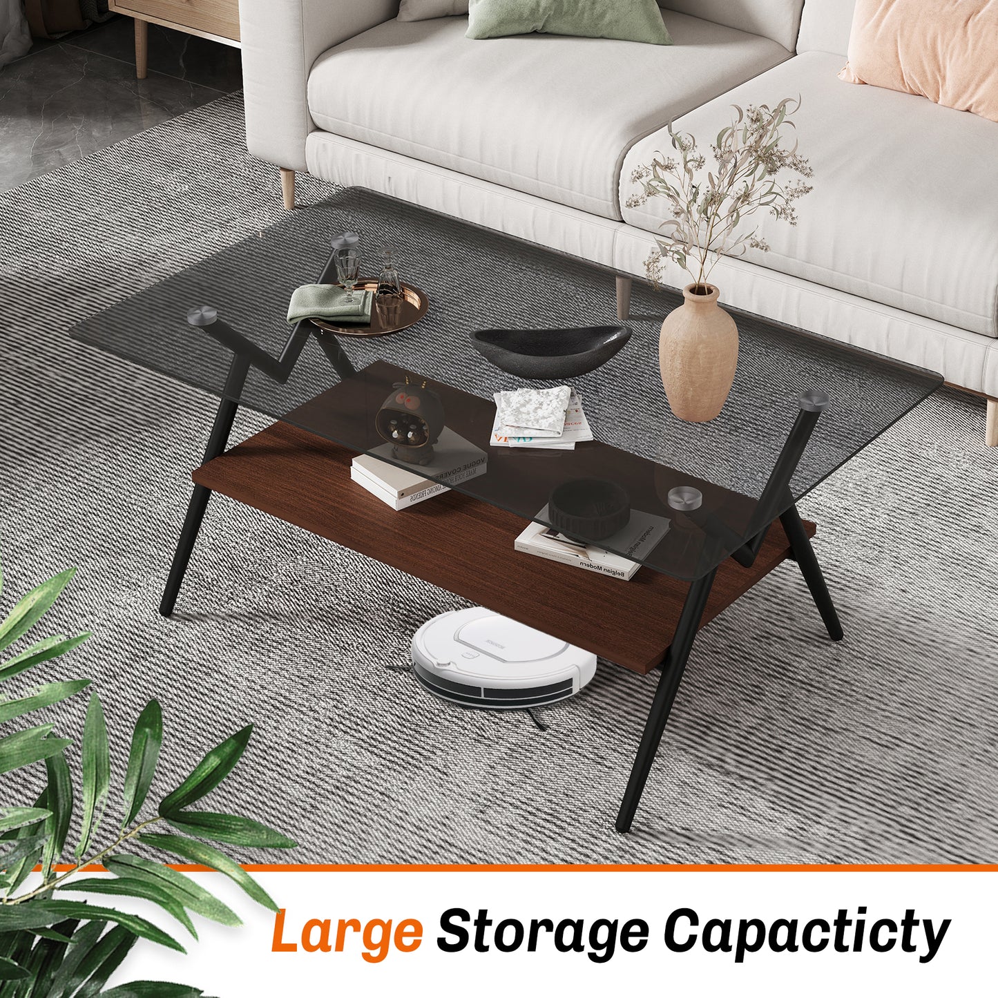 Rectangle Coffee Table With Tempered Glass Top And Brown MDF Shelf, Modern Table For Living Room, Gray Glass
