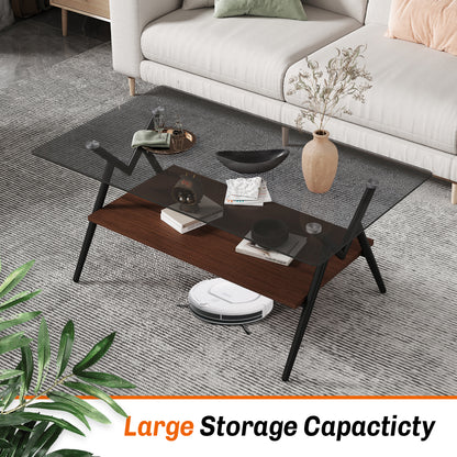Rectangle Coffee Table With Tempered Glass Top And Brown MDF Shelf, Modern Table For Living Room, Gray Glass