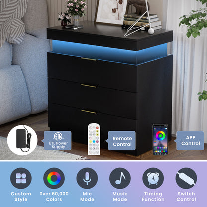 Nightstand With Charging Station And LED Lights,Night Stand With Sliding Top For Bedroom,Bedside Table With Drawers,Modern End Side Table,Black.28.8 W X 17 D X 30.5 H.
