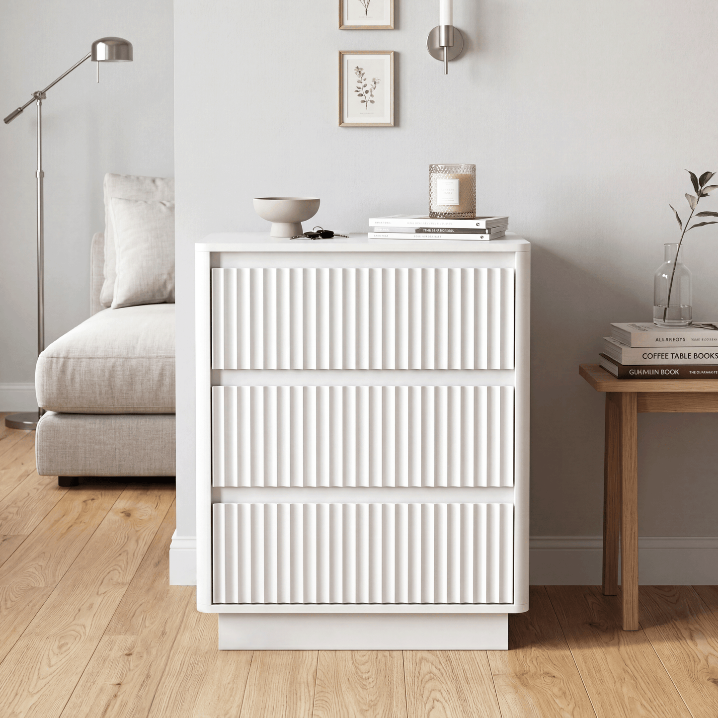 Set Of 2 End Table With Fast USB C Charging Station, Sofa Side Table With 3Drawers, Large Storage Modern Wood Storage Cabinet For Living Room,Bedroom,Office, White